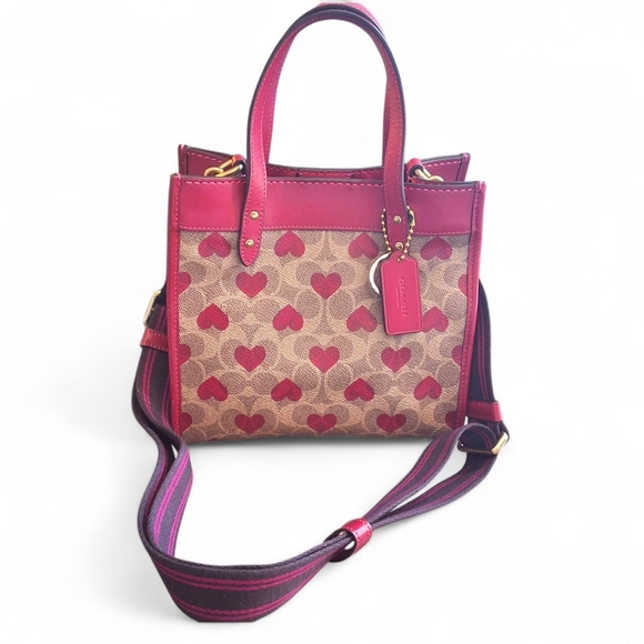Coach Rogue 25 Tote Heart Print Signature Canvas Red Leather Trim - Picture 2 of 14